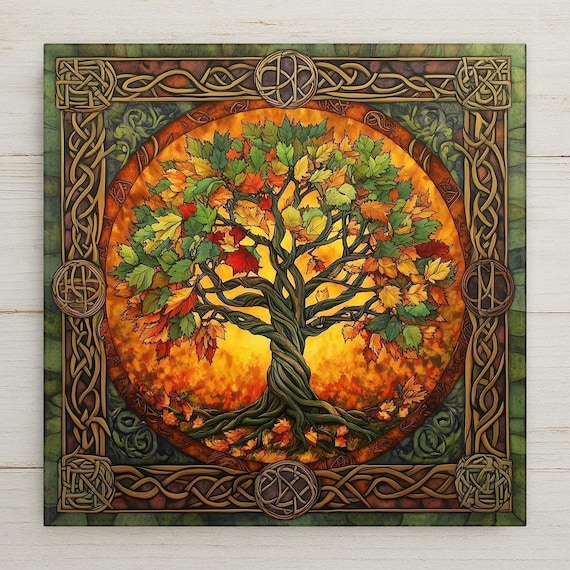 Celtic Tree of Life Ceramic Tile: Pagan Autumn Wall Art for Home, Altar, and Druid Decor