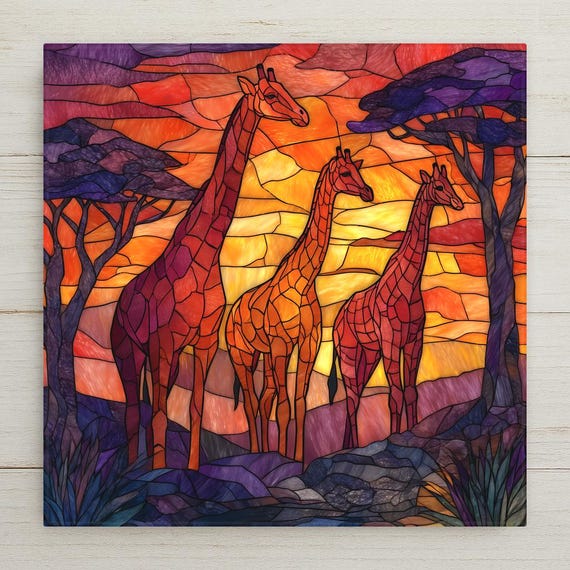 Giraffe Herd Wall Art Ceramic Tile Stained Glass Style Safari Gift African Savanna Wildlife Decor Art