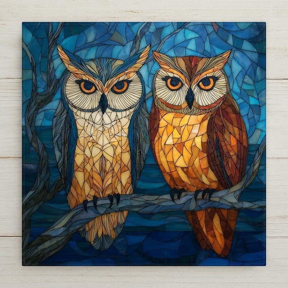 Owl Pair Ceramic Tile Wall Art – Stained Glass Style Symbolic Wall Decor, Meaningful Home Decor Gift for Couples and Bonding