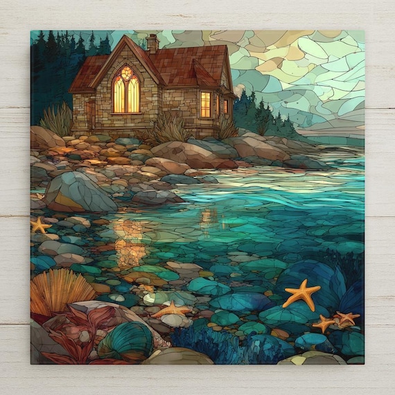 Coastal Cottage Ceramic Tile Wall Art – Stained Glass Style Ocean Decor, Seaside Home Decor, Tide Pool Wall Art Gift for Beach Lovers