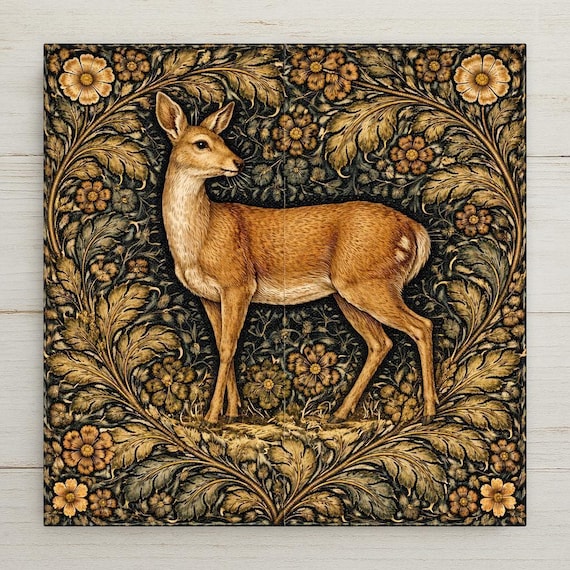 Roe Deer Woodland Wall Art Ceramic Tile – Rustic Farmhouse Wall Decor – Forest Animal Cabin Home Decor Gift