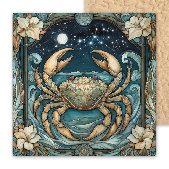 Cancer Zodiac Ceramic Tile: Stained Glass Crab Wall Art for Astrology Lovers & June-July Birthdays