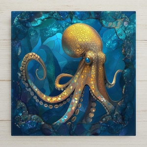 May include: A square wall art piece featuring a golden octopus with a textured, dotted skin pattern and a bright blue eye. The octopus is surrounded by a deep blue, translucent stained glass style border with organic, flowing shapes and patterns.