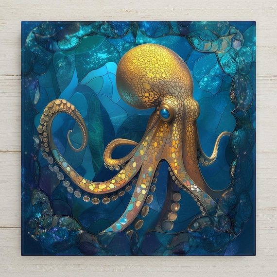 Octopus Wall Art Ceramic Tile – Stained Glass Sea Life Decor – Coastal Nautical Wall Decor – Ocean Home Decor Gift