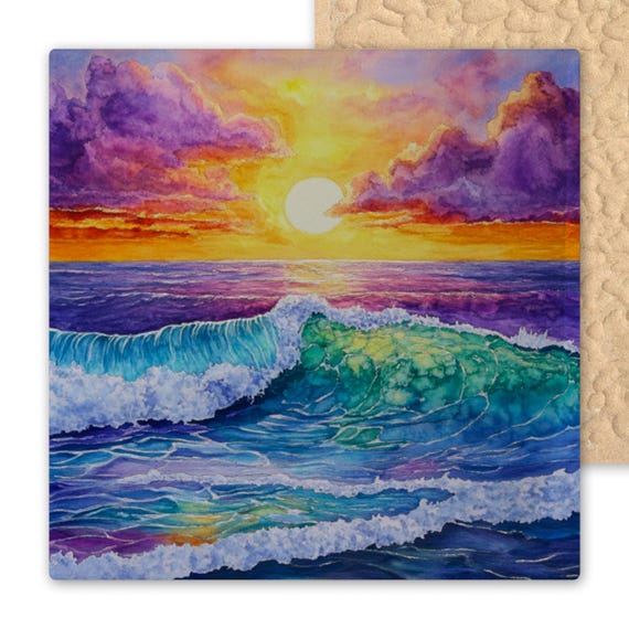 Vibrant Ocean Sunset Ceramic Tile Art: Watercolor Seascape Wall Decor for Coastal Beach Homes & Nautical Bathrooms