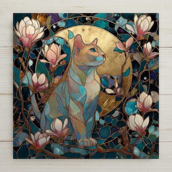Magnolia Cat Wall Art Ceramic Tile Celestial Cat Decor Cat Lover Gift Mothers Day Gift