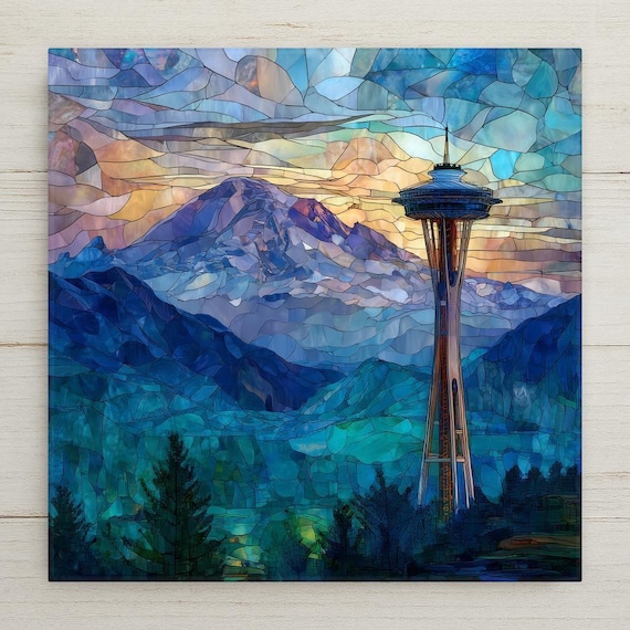 Seattle Space Needle Ceramic Tile: Mt. Rainier Skyline Stained Glass Wall Art - Washington Landmark Gift