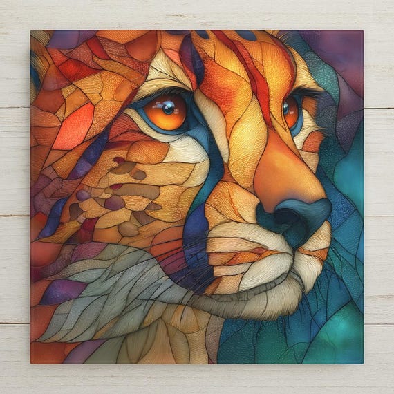 Cheetah Portrait Wall Art Ceramic Tile Stained Glass Style Safari Wildlife Gift African Nature Decor Art