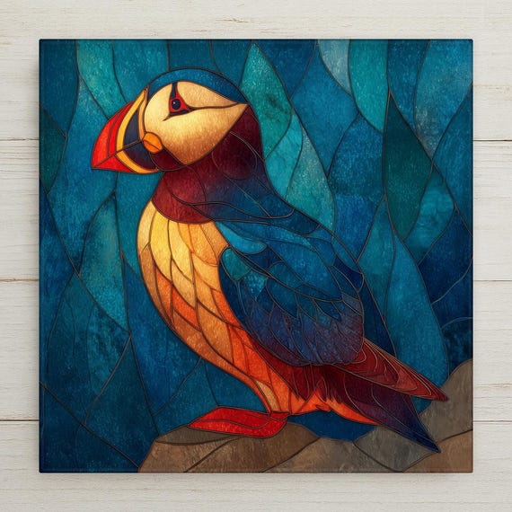 Puffin Wall Art Ceramic Tile Stained Glass Style Coastal Gift Ocean Bird Decor Birdwatcher Nature Art Gift