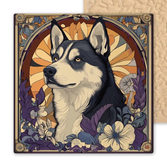 Siberian Husky Art Nouveau Ceramic Tile - Mucha Style Floral Dog Portrait - Home Decor Gift