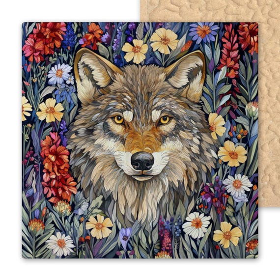 Woodland Wolf Ceramic Tile Art: Floral William Morris Inspired Wall Decor for Nature Enthusiasts