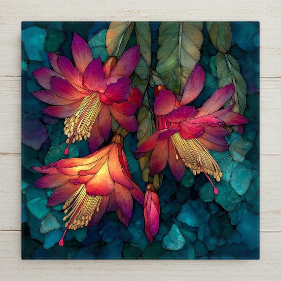Christmas Cactus Wall Art Ceramic Tile Stained Glass Style Holiday Gift Floral Botanical Southwest Decor