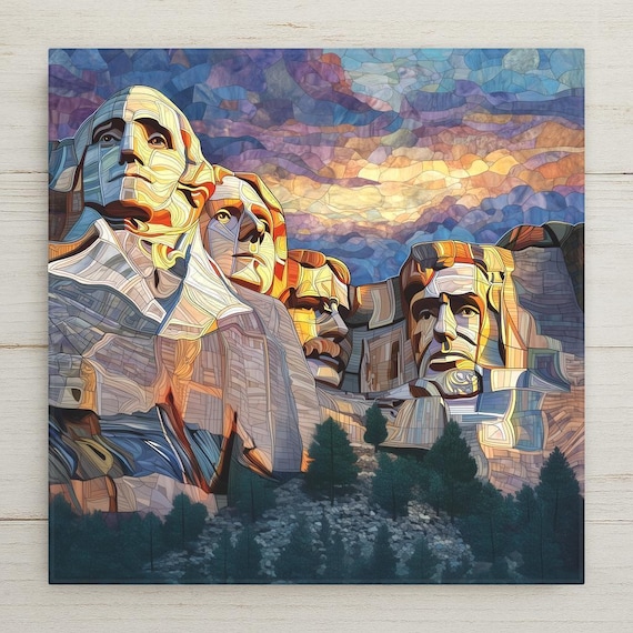 Mount Rushmore Sunset Ceramic Tile Art - Stained Glass Style American Landmark Patriotic Wall Decor