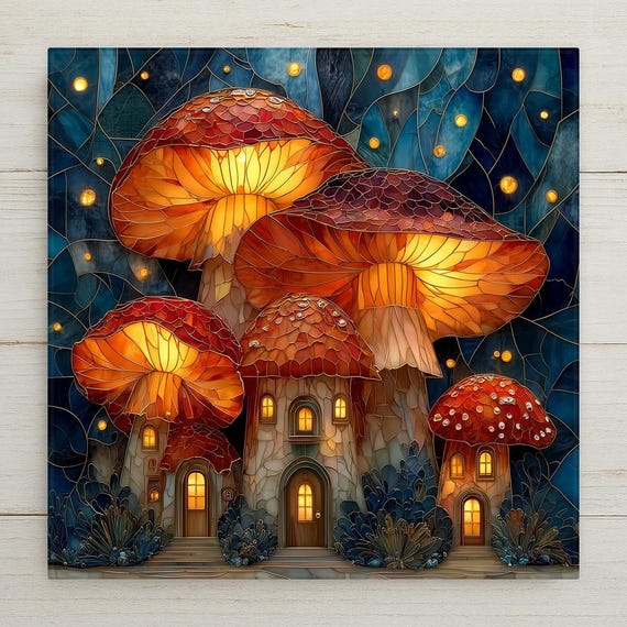 Mushroom Village Wall Art Ceramic Tile Stained Glass Style Fantasy Gift Fairy House Decor Woodland Nature Art Cottage Gift