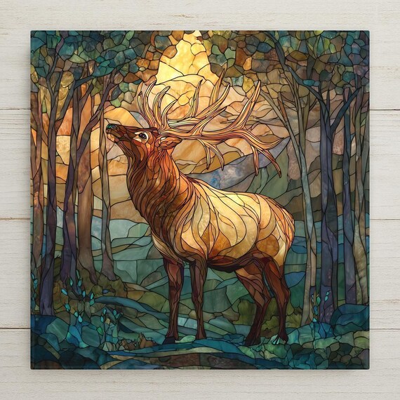 Elk Ceramic Tile Wall Art - Stained Glass Wildlife Decor, Rustic Cabin Nature Home Artwork Gift