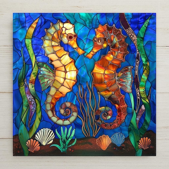 Seahorse Stained Glass Style Ceramic Tile Wall Art - Ocean Coastal Home Decor Nautical Beach House Gift Accent