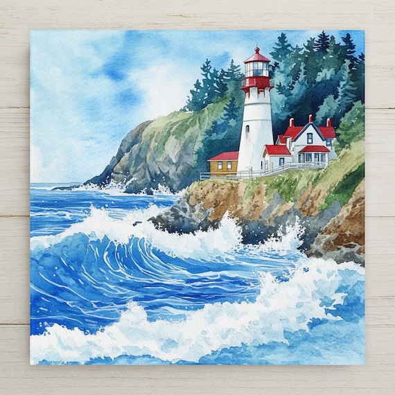 Watercolor-Inspired Heceta Head Lighthouse Ceramic Tile: Coastal Wall Art, Nautical Trivet, Beach House Decor