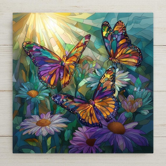 Monarch Butterfly Ceramic Tile Wall Art – Stained Glass Style Butterflies & Wildflowers, Colorful Nature Wall Decor, Home Decor Gift
