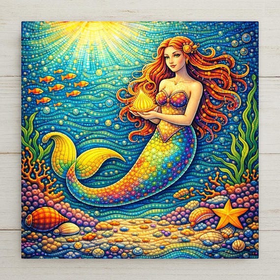 Whimsical Mermaid Ceramic Tile Wall Art - Coastal Nursery Beach House Fantasy Ocean Home Decor