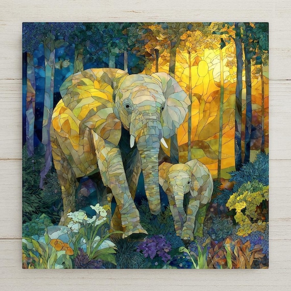 Elephant Wall Art Ceramic Tile Mother Baby Gift Wildlife Nursery Decor Elephant Lover Gift Nature Tile
