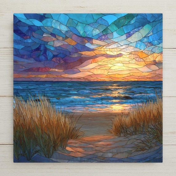 Cape Cod Ocean Sunset Ceramic Tile Wall Art - Stained Glass Style Beach Coastal Nautical Home Decor Gift