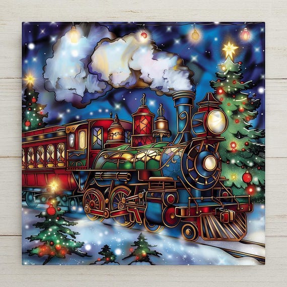Festive Stained Glass Christmas Train Ceramic Tile Wall Art - Holiday Railway Winter Scene Gift Print Home Decor