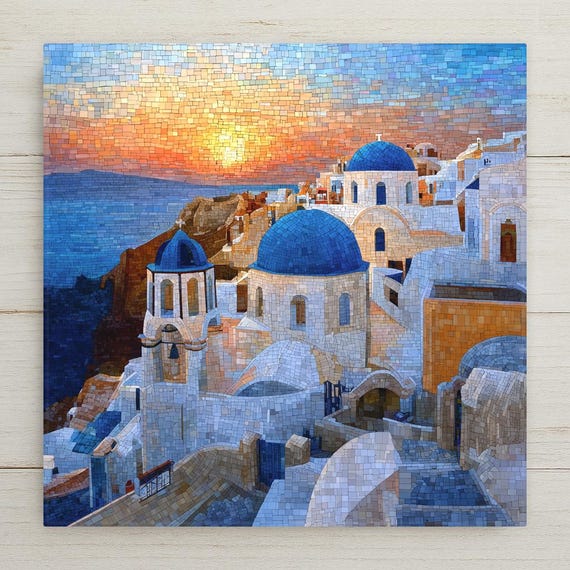 Santorini Ceramic Tile Wall Art – Blue Dome Church Sunset in Oia Greece, Aegean Coastal Wall Decor, Mediterranean Home Decor