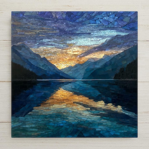 Ross Lake Ceramic Tile Wall Art - North Cascades Mountain Reflection, Stained Glass Style Landscape Home Decor