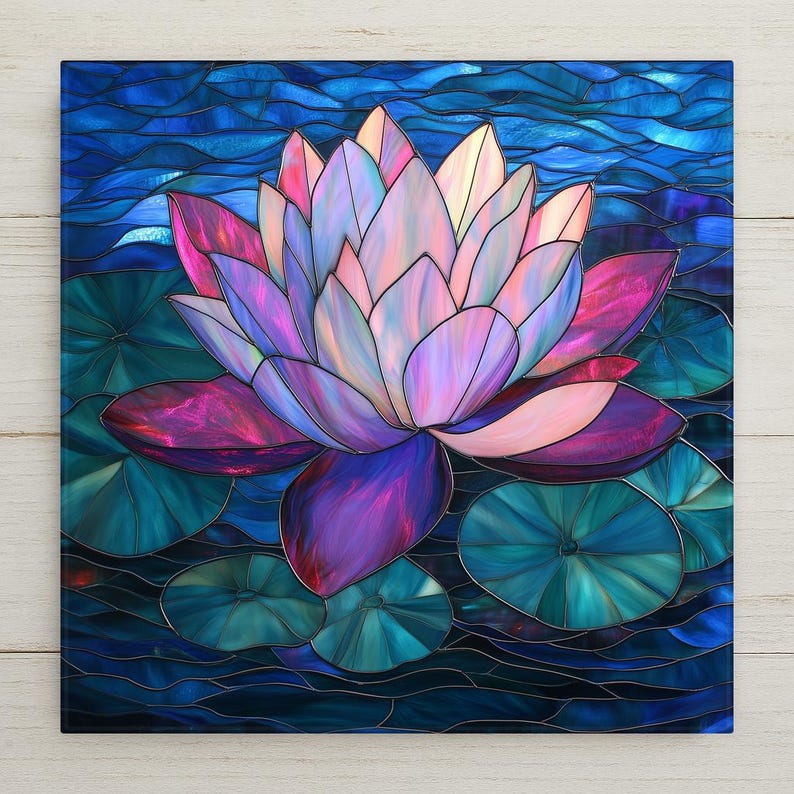 Stained glass style lotus flower ceramic tile with a luminous magenta and rose lotus blooming on deep cobalt and teal still water at dawn, warm gold center and concentric water ripples, a vivid zen home decor and meditation wall art gift.