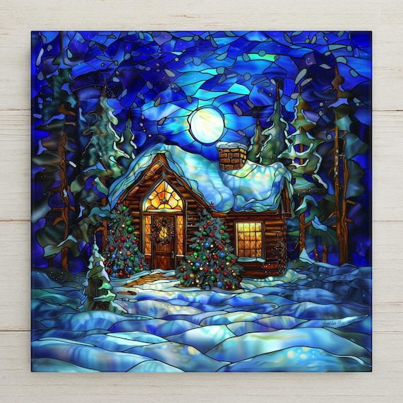 Stained Glass Winter Cabin Tile: Festive Holiday Decor, Snowy Scene Wall Art, Rustic Christmas Gift Home Decor