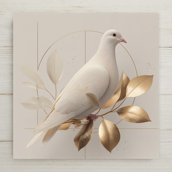 White Dove Ceramic Tile Wall Art - Modern Minimal Home Decor with Gold Accent, Peaceful Symbolic Gift Artwork