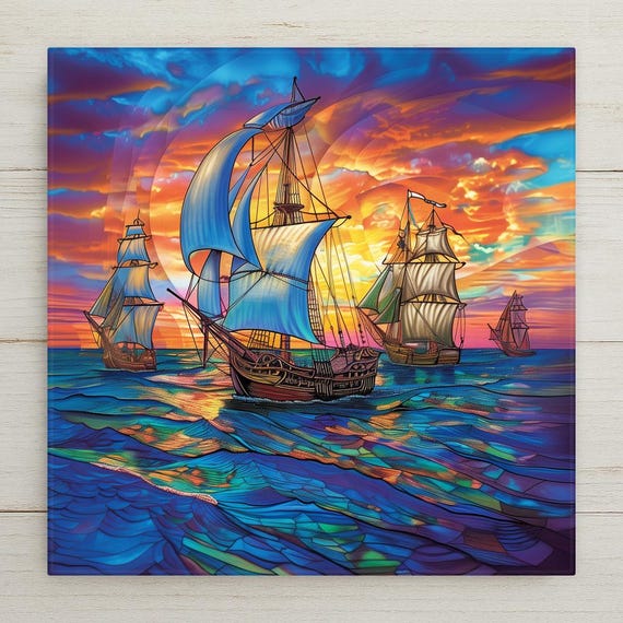 Nautical Sunset Sailing Fleet Ceramic Tile: Stained Glass Style Coastal Wall Art