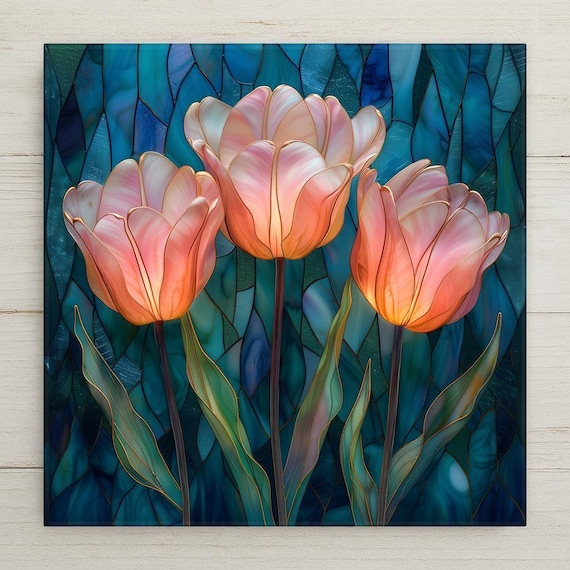 Coral Tulip Wall Art Ceramic Tile – Stained Glass Style Floral Decor, Soft Spring Botanical Artwork, Elegant Home Decor Gift for Her