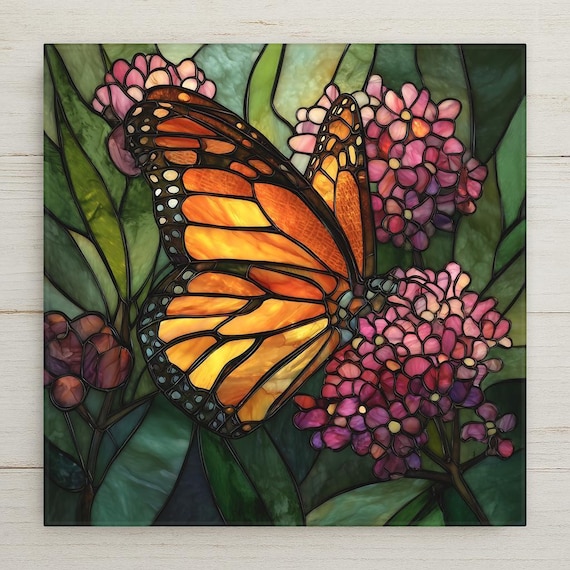Monarch Butterfly Wall Art Ceramic Tile – Stained Glass Floral Garden Decor, Orange Butterfly Botanical Home Decor