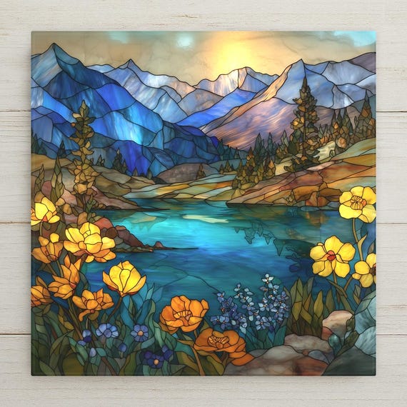 Glacier National Park Ceramic Tile Art - Stained Glass Mountain Lake Landscape Wall Decor for Home