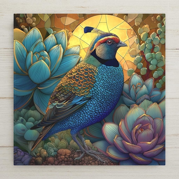 California Quail Ceramic Tile Art: Stained Glass Style Bird Wall Decor for Southwest Nature Lovers
