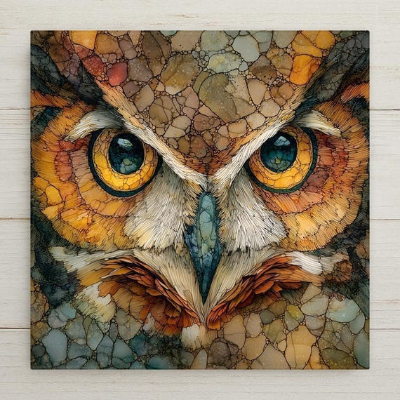 Owl Stained Glass Art Tile Forest Wildlife Wall Decor Nature Animal Rustic Cabin Gift Woodland Mosaic Porcelain