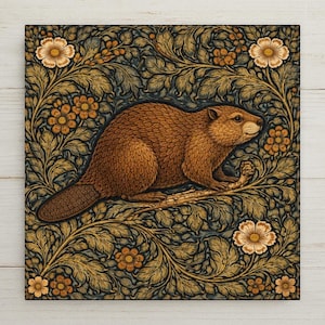 Beaver Wall Art Ceramic Tile – William Morris Style Woodland Animal Wall Decor – Rustic Cabin Decor – Arts and Crafts Wildlife Home Decor