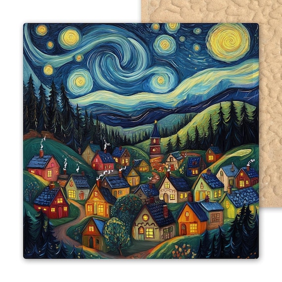Starry Night Village Ceramic Tile: Van Gogh Inspired Art Decor