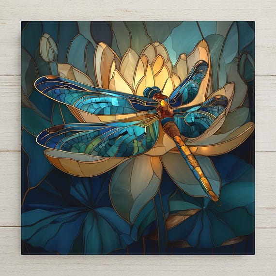 Dragonfly Wall Art Ceramic Tile – Stained Glass Lotus Decor – Teal Botanical Wall Decor – Nature Home Decor Gift