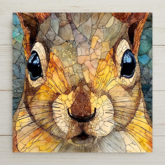 Squirrel Ceramic Tile Wall Art – Stained Glass Wildlife Portrait, Woodland Animal Home Decor, Nature Inspired Wall Art Gift
