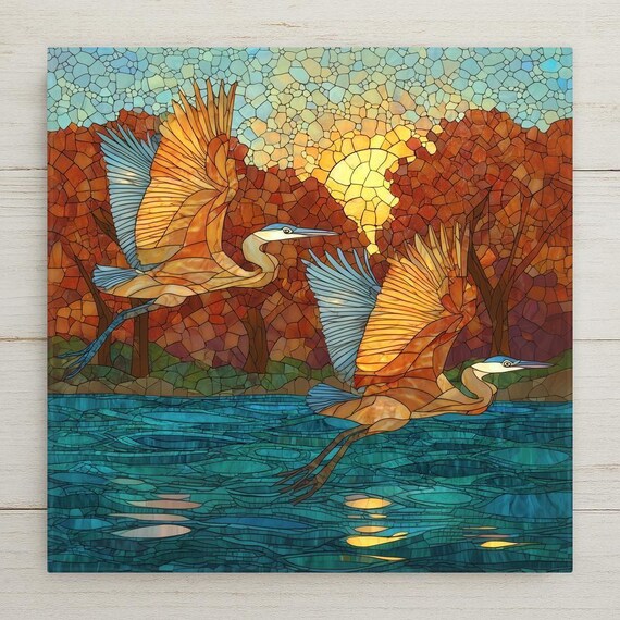 Autumn Herons Ceramic Tile Art: Stained Glass Style Nature Wall Decor for Lake House & Coastal Homes
