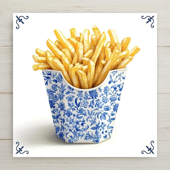 Blue Delft Tile Art: French Fries in Floral Container - Quirky Kitchen Decor