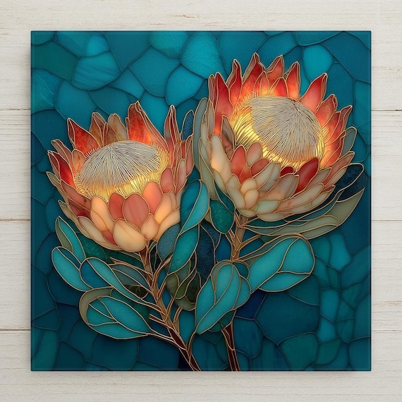 King Protea Botanical Wall Art Ceramic Tile – Tropical Flower Wall Decor – Stained Glass Floral Home Decor – Nature Inspired Tile