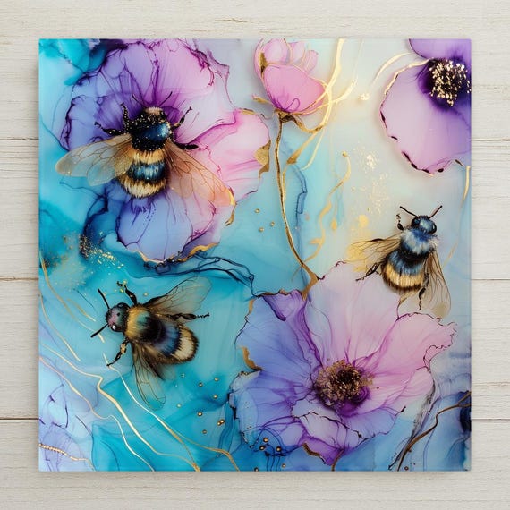 Bee Wall Art Ceramic Tile Botanical Wall Decor Floral Tile Modern Nature Art Honey Bee Decor Colorful Floral Wall Decor Home Decor