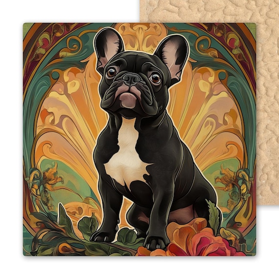 Art Nouveau French Bulldog Ceramic Tile - Mucha-Inspired Floral Wall Decor for Dog Lovers