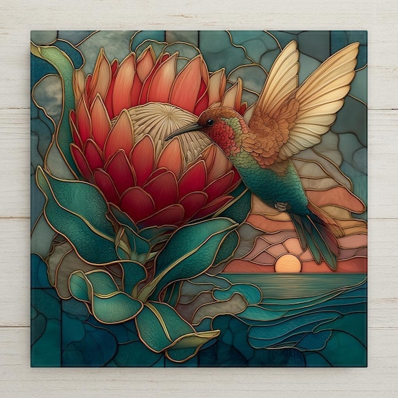 Hummingbird Wall Art Ceramic Tile Coastal Wall Decor Home Decor Protea Flower Wall Art Ceramic Tile  Stained Glass Style Bird Gift