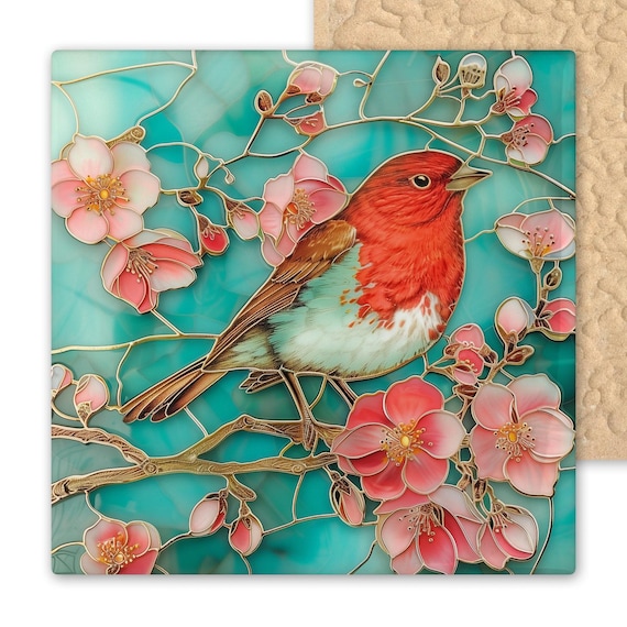 Teal Ceramic Tile Art: Red Robin on Cherry Blossom Branch - Stained Glass Style Nature Wall Decor