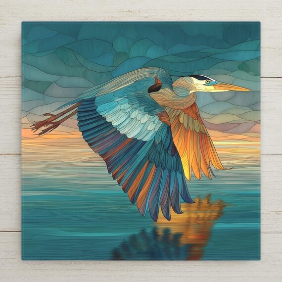 Blue Heron Wall Art Flying Over Water - Stained Glass Style Nature-Inspired Wall Decor