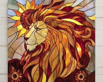 Leo Zodiac Stained Glass Style Ceramic Art Tile – Lion Astrology Wall Decor, Fire Sign Golden Sun Birthday Accent